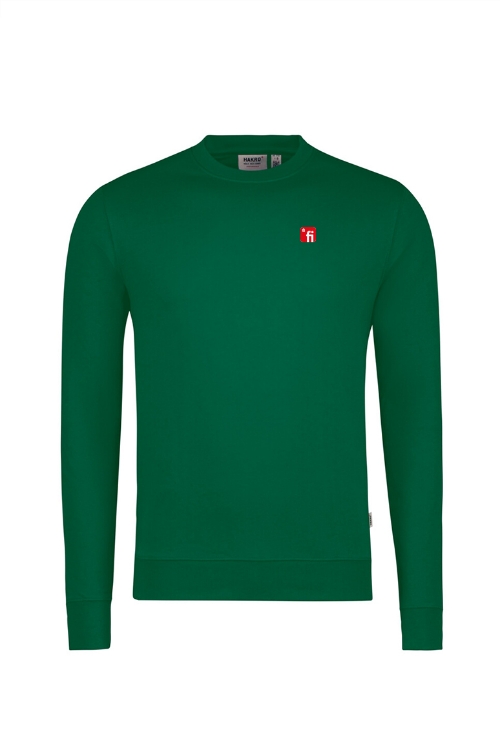 Grünes Sweatshirt mit rotem Finanz Informatik Logo auf linker Brust