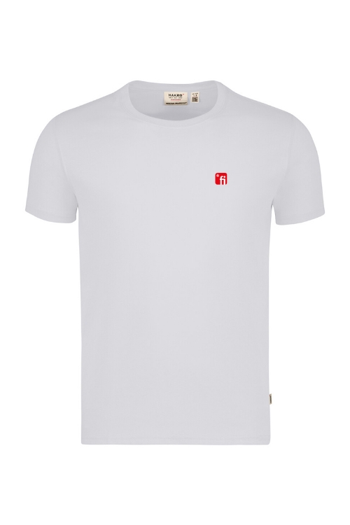 Weißes T-Shirt mit Rundhalsausschnitt, rotes Finanz Informatik Logo auf linker Brust