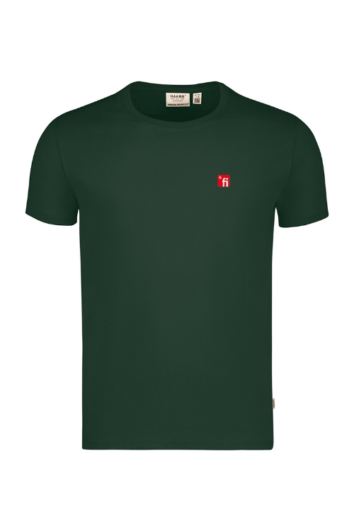 Grünes T-Shirt mit Rundhalsausschnitt, rotes Finanz Informatik Logo auf linker Brust