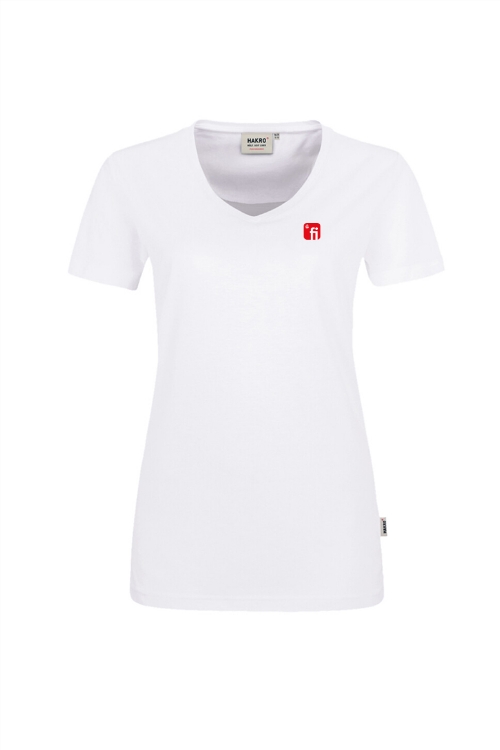 Weißes T-Shirt mit V-Ausschnitt mit rotem Finanz Informatik Logo auf der linken Brust