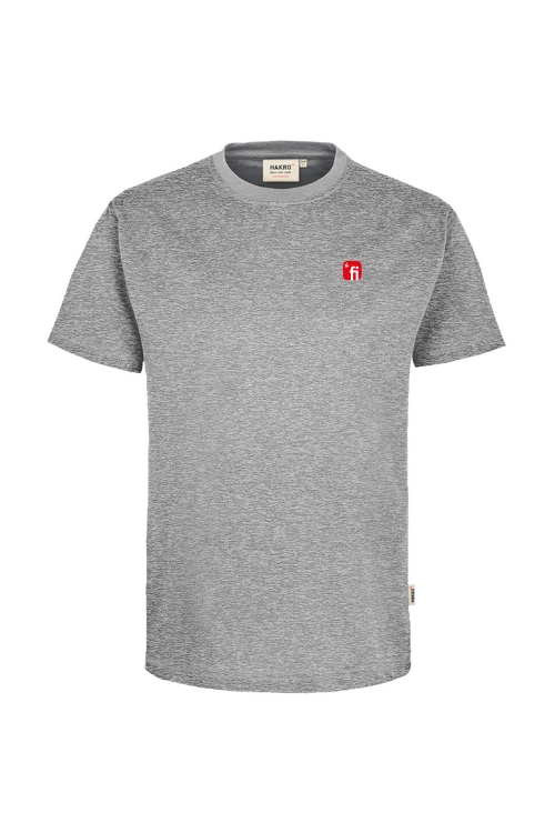 Grau meliertes T-Shirt mit Rundhalsausschnitt mit rotem Finanz Informatik Logo auf der linken Brust