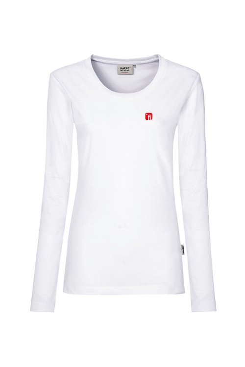 Weißes Langarmshirt mit rotem Finanz Informatik Logo auf der linken Brust