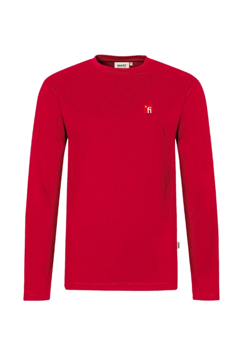 Rotes Langarmshirt mit rotem Finanz Informatik Logo auf der linken Brust