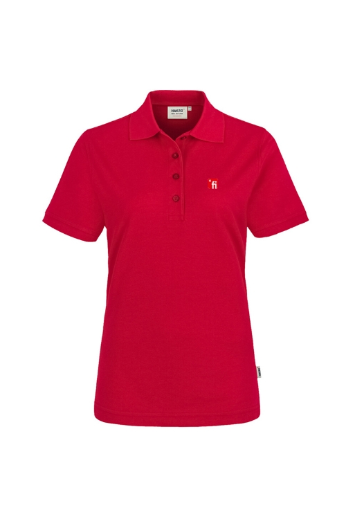 Rotes Poloshirt mit rotem rotem Finanz Informatik Logo auf linker Brust