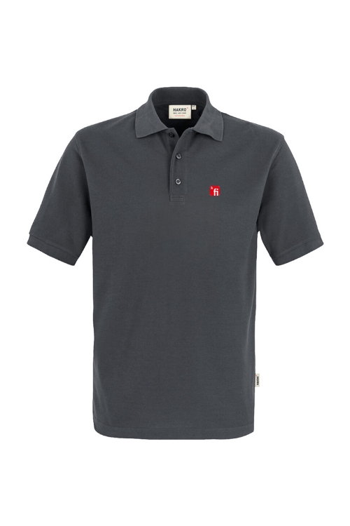 Dunkelgraues Poloshirt mit rotem Finanz Informatik Logo auf linker Brust