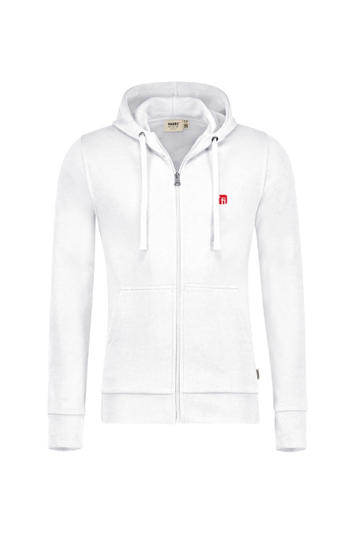 Weiße Kapuzen Sweatjacke mit rotem Finanz Informatik Logo auf der linken Brust