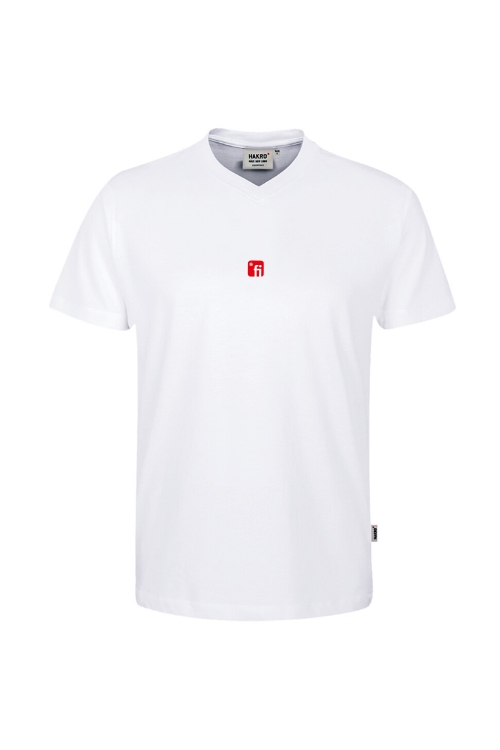 Weißes T-Shirt mit V-Ausschnitt, rotes Finanz Informatik Logo mittig auf der Brust