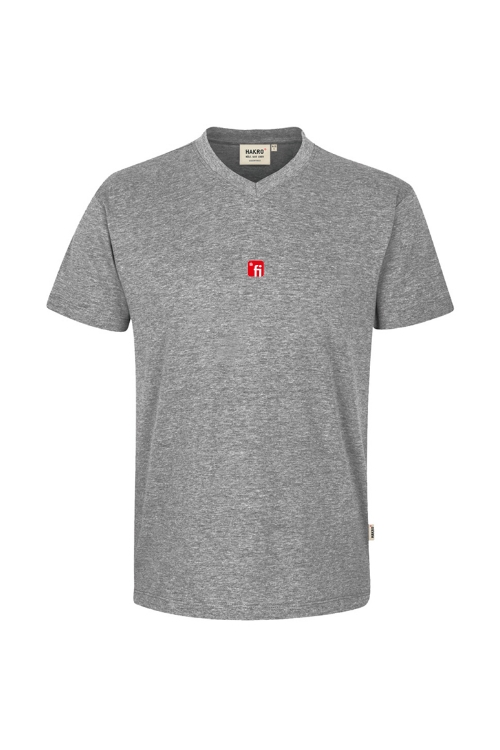 Grau meliertes T-Shirt mit V-Ausschnitt, rotes Finanz Informatik Logo mittig auf der Brust