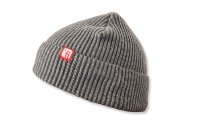Zeige Details für FI Beanie  Graue Mütze mit rotem Weblabel mit weißem Finanz Informatik Logo, seitlich