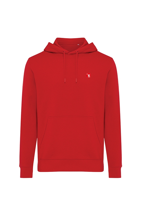 Roter Kapuzen Hoody mit rotem Finanz Informatik Logo auf linker Brust