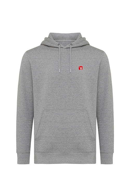 Hellgrauer Kapuzen Hoody mit rotem Finanz Informatik Logo auf linker Brust