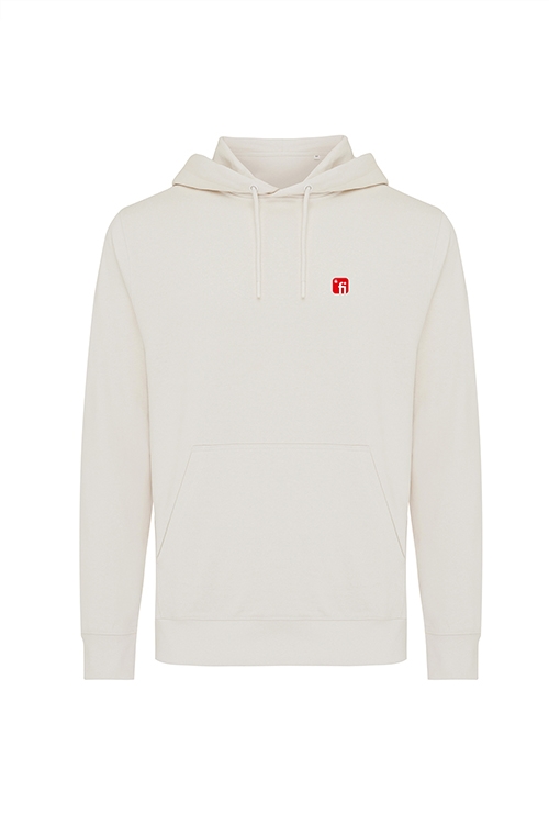 Weißer Kapuzen Hoody mit rotem Finanz Informatik Logo auf linker Brust