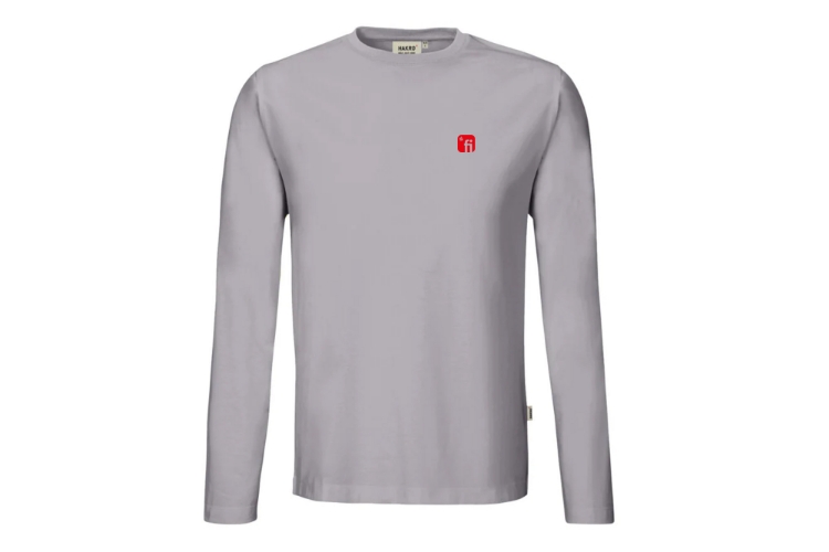 Graues Langarmshirt mit rotem Finanz Informatik Logo auf der linken Brust